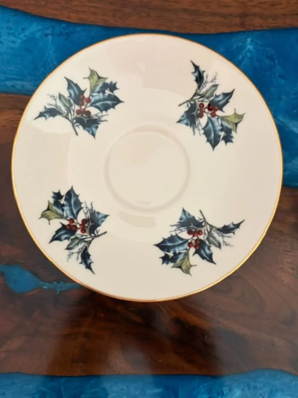 Lenox 1995 Winter Greetings Cup Saucer Set Holly Red Ribbon Coffee Teacup